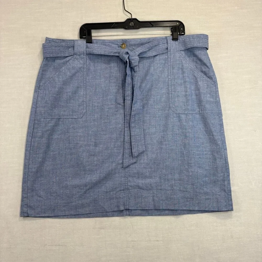 Talbots Plus Women's Size 18W Plus Chambray Blue Belted A Line Skirt